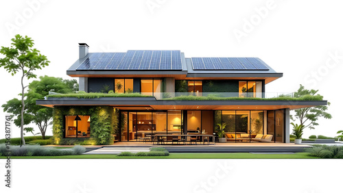 Sustainable house with solar panels and green roof. Modern architecture, eco friendly design.