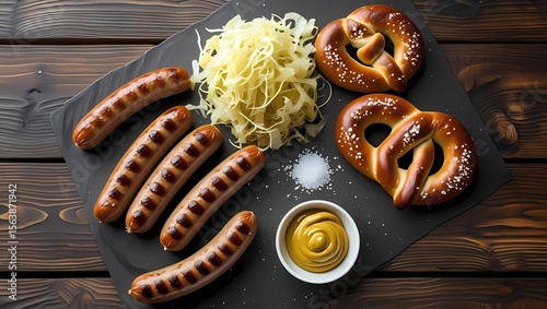 Top-down view of traditional German food including bratwurst, sauerkraut, pretzels, and mustard served on rustic wooden table in vibrant flat lay
