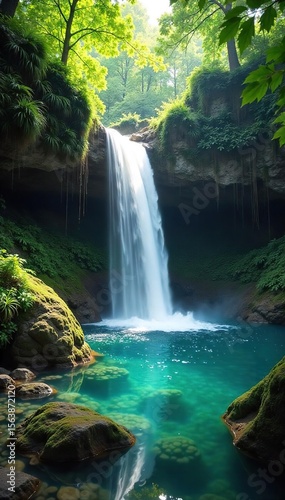 Serene Waterfall Cascading Through Lush Green Forest Crystal Clear Pool, Sunlight Dappled, Magical Atmosphere Landscape Photography