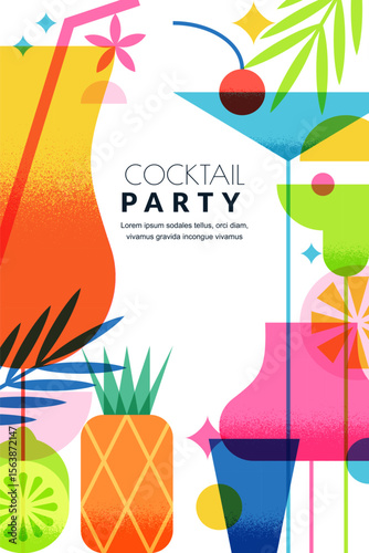 Vector summer cocktail party poster with drinks, lemon, palm leaves. Design for beach bar menu, banner, invitation.