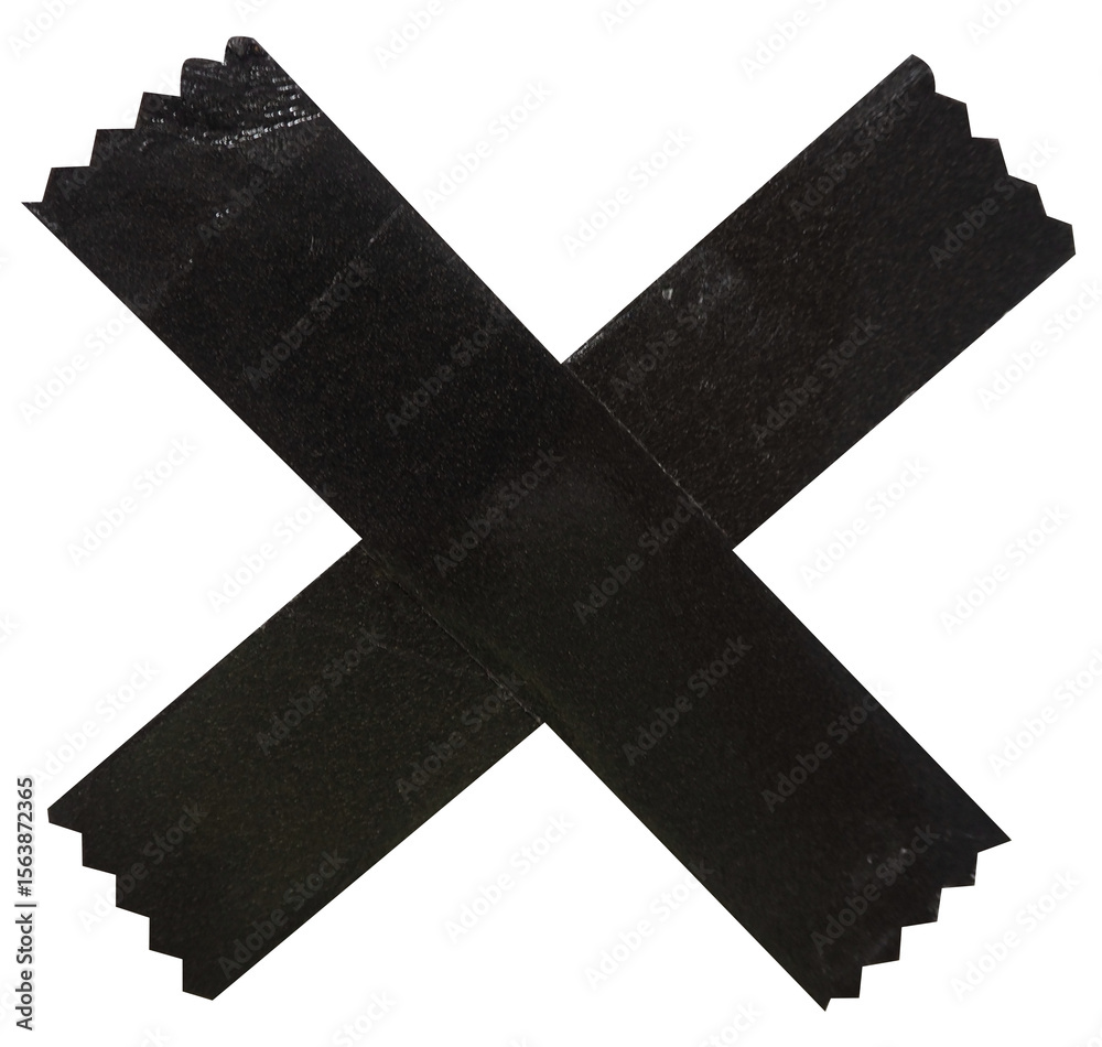 Obraz premium Torn crumpled cross adhesive black tape on transparent background. x sign. 2 piece of cross plastic, glossy shine texture.