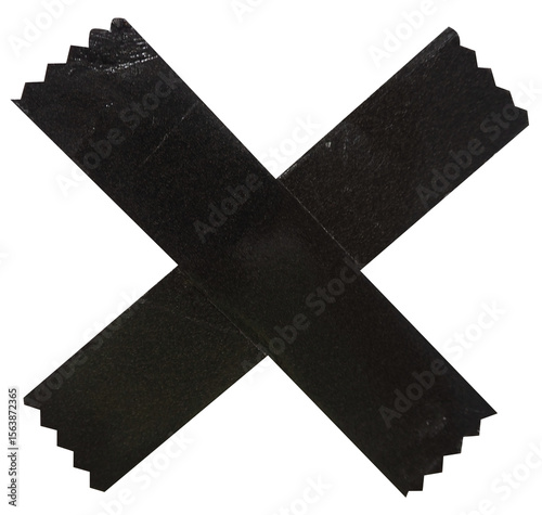 Torn crumpled cross adhesive black tape on transparent background. x sign. 2 piece of cross plastic, glossy shine texture.