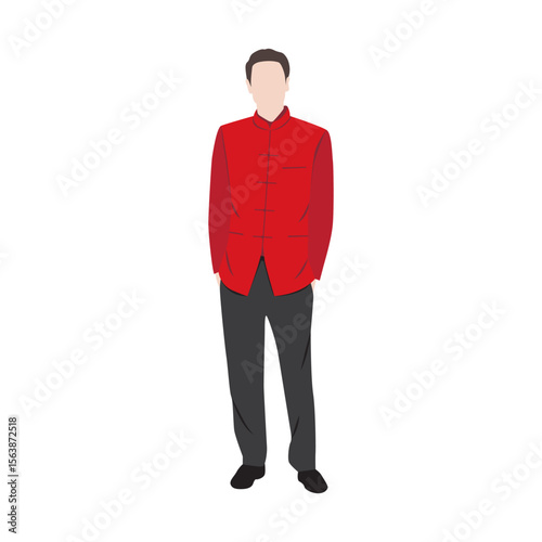 Vector flat illustration. Malaysian Chinese man wearing traditional attire called Samfoo