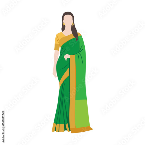 Vector flat illustration. Malaysian Indian woman wearing traditional attire called Saree