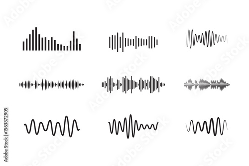 Sound waves sign set, equalizer music waves, musical sound wave beat collection icon, digital and analog line waveforms, frequency audio waveform, electronic signal, voice recording - vector