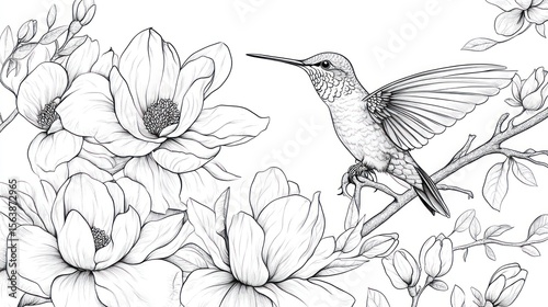 Hummingbird in Magnolias - Black and White Art
