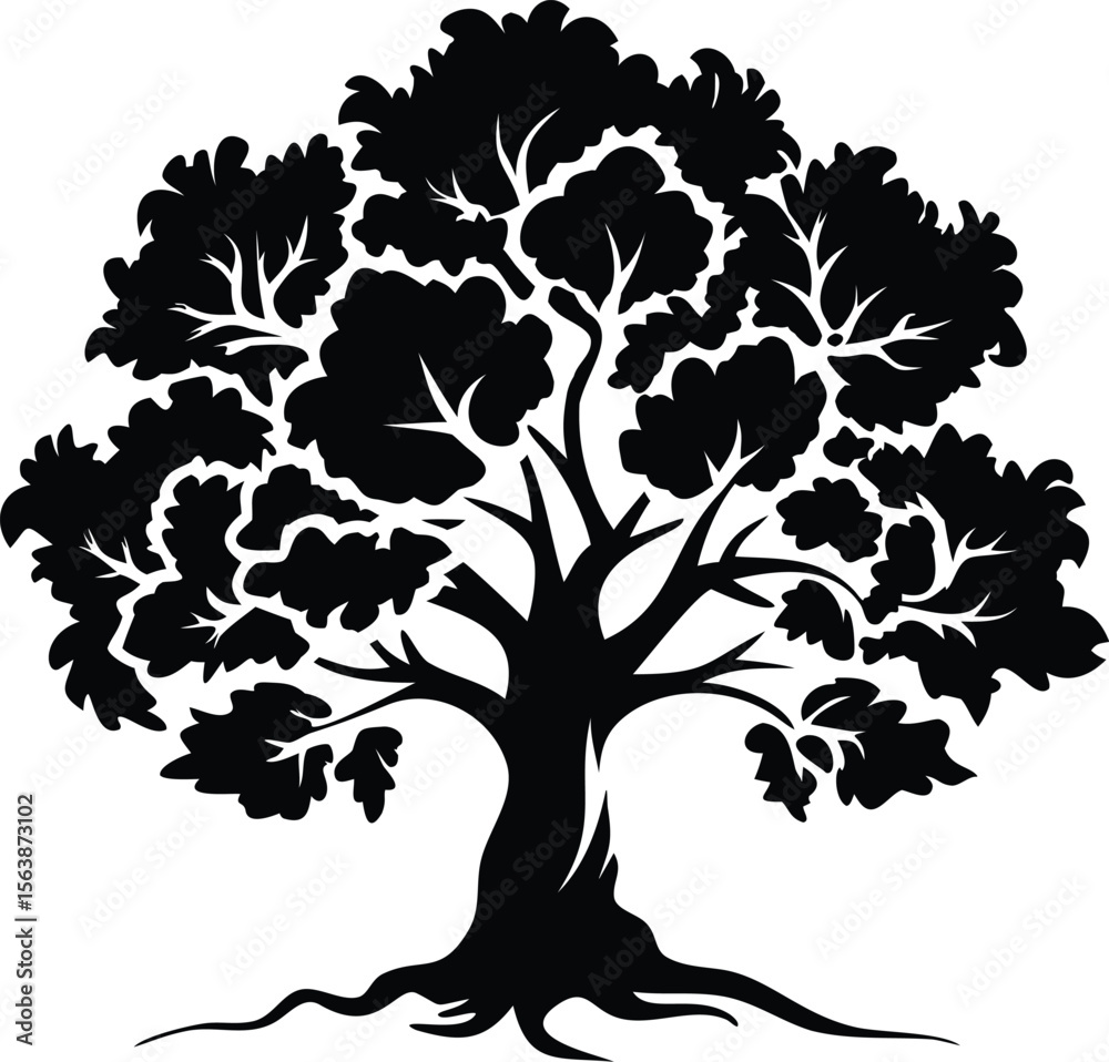 Obraz premium Oak Tree Silhouette – Isolated Vector on White Background