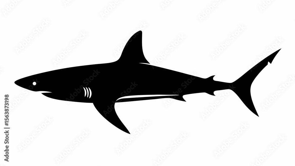 Naklejka premium Silhouette depiction of a shark with visible fins and gills, presented in a stark black and white style