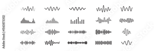  Sound waves sign set, equalizer music waves, musical sound wave beat collection icon, digital and analog line waveforms, frequency audio waveform, electronic signal, voice recording.