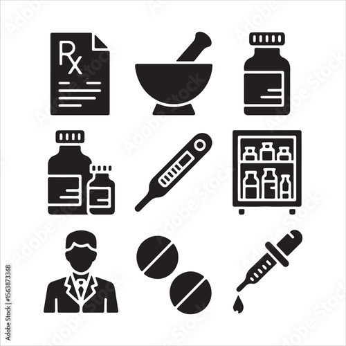 Collection of medical and pharmaceutical icons representing healthcare and pharmacy services