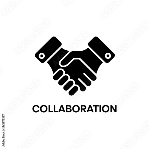 Black and white icon representing collaboration with a handshake and the word collaboration