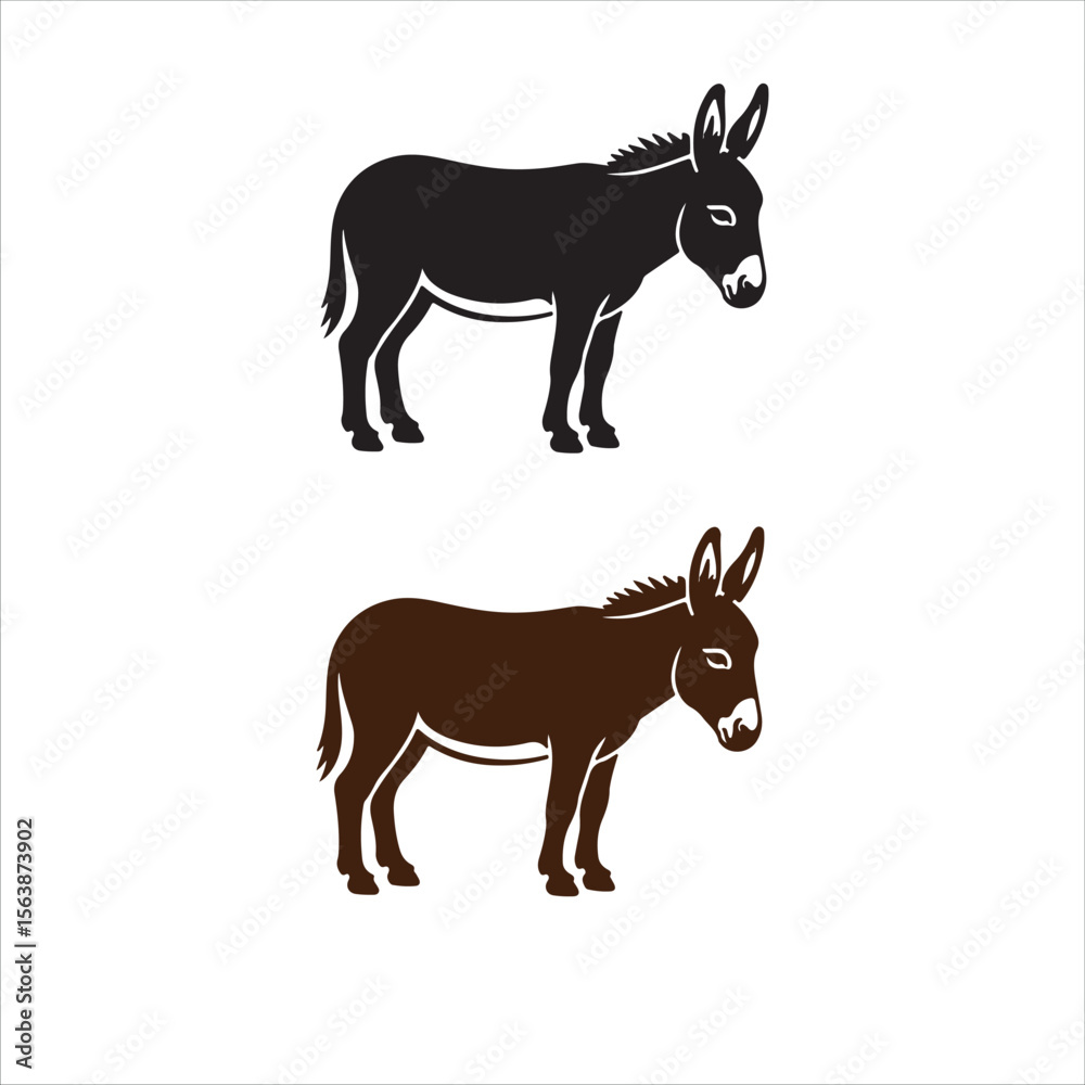 Fototapeta premium Two stylized silhouette donkeys one black and one brown standing on a white background