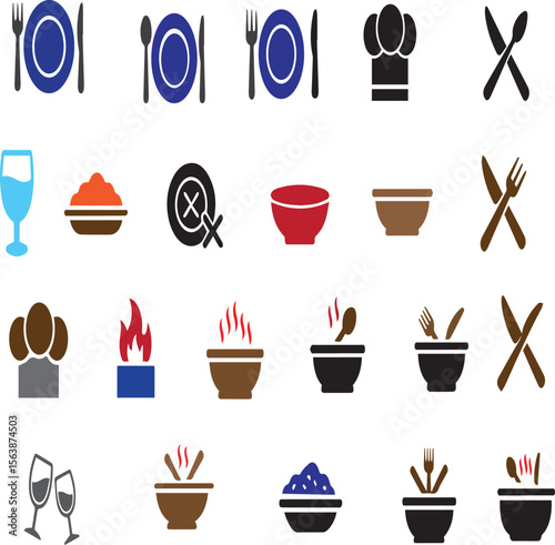 Hotel Services Icon Set Featuring Clothing, Utensils, and Amenities on White Background