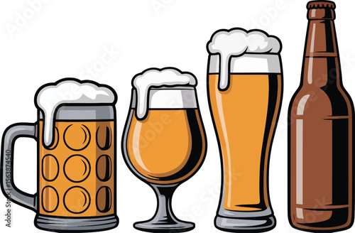 Four different types of beer glasses and a bottle with foam