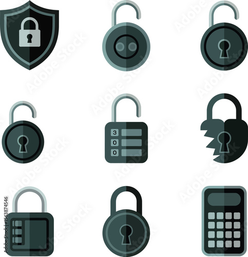 Collection of flat design icons representing security and access control concepts