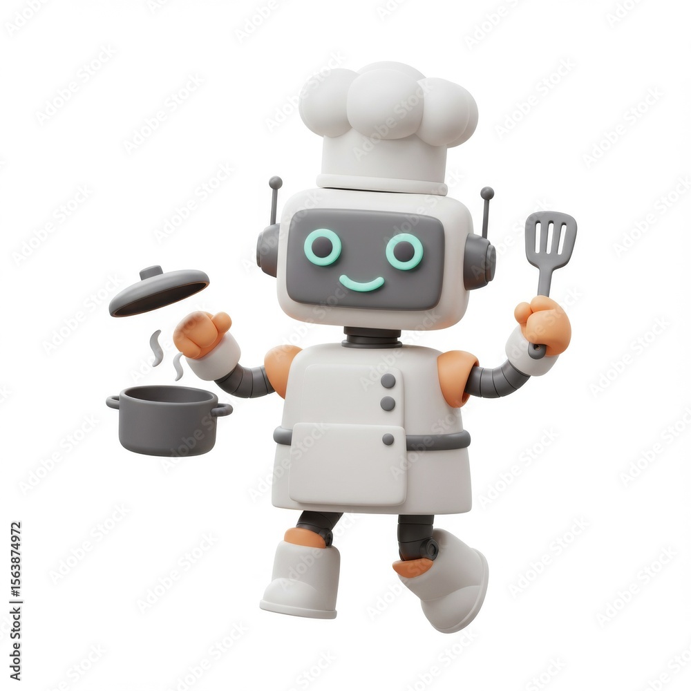 Fototapeta premium Smiling Robot Chef Cooking in a Pot