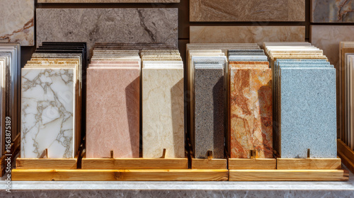 Display of stoneware samples for kitchen countertops, including marble, granite, and quartz options. 