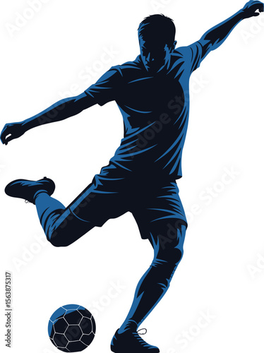 Dynamic silhouette of a soccer player kicking a ball with intensity