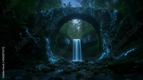 Waterfall Flowing Under Stone Arch in Forest at Night Serene Scene