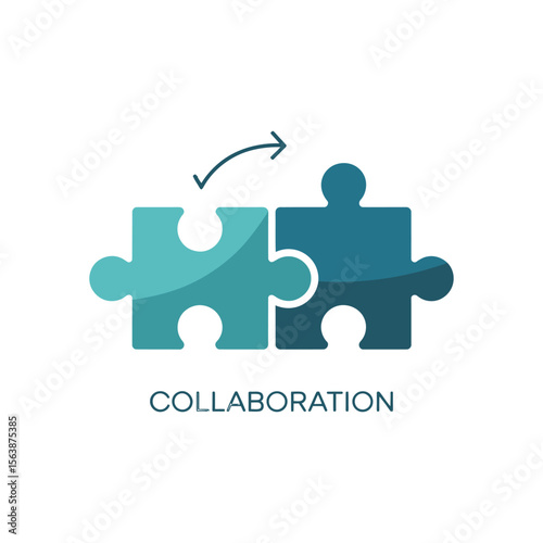Two puzzle pieces connecting with an arrow indicating teamwork and partnership