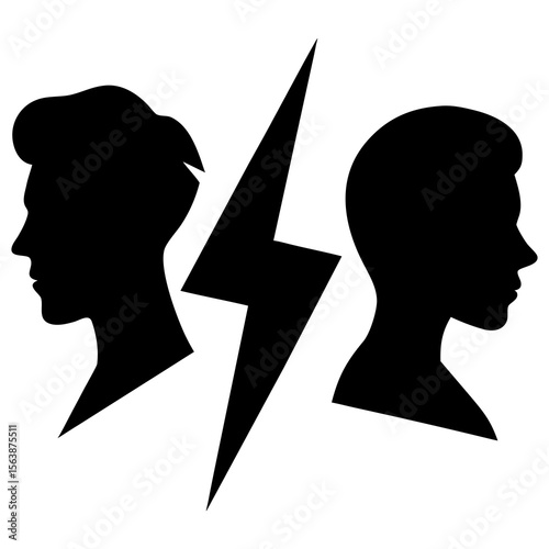 Conflict between two people with lightning bolt silhouette vector illustration
