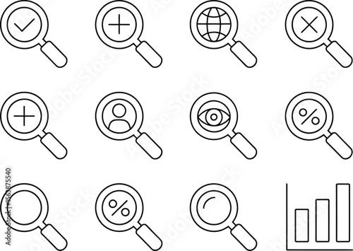 Set of magnifying glass icons representing search analysis and data exploration