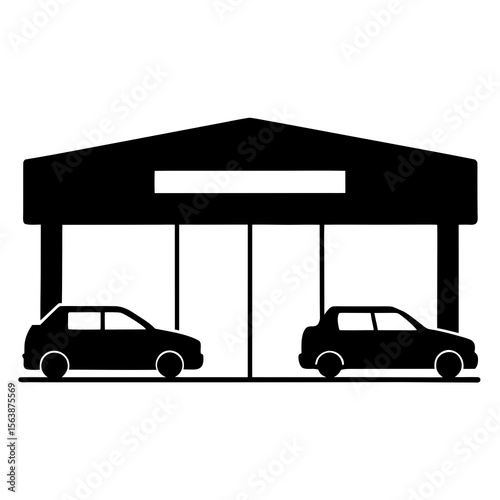 Automotive garage with two cars parked inside silhouette vector illustration