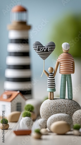 Papercraft Father and Child on Seashore with Lighthouse