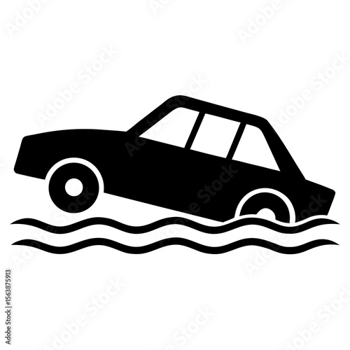 Car floating on water flood disaster danger sign silhouette illustration
