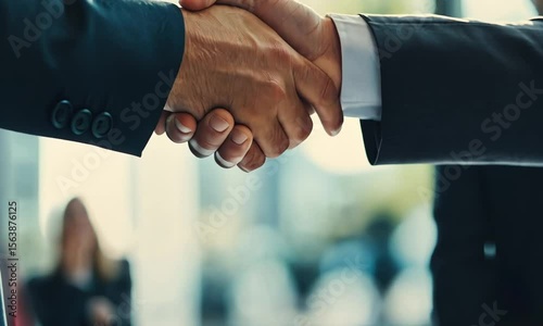 A close up of two men in suits shaking hands in a professional business agreement setting indoors