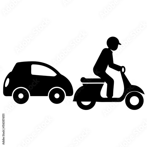 Car and person riding a scooter simple design silhouette vector illustration