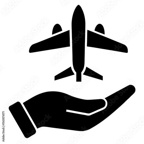 Airplane on human hand transport travel safety silhouette vector illustration