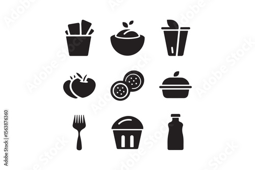 Collection of nine black food and drink icons on a white background