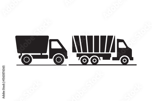 Silhouettes of trucks with trailers on a white background