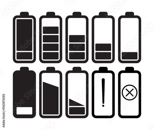 Battery Icon Set Charge Level, Alert, Error Symbols Vector