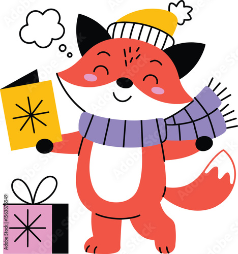 Cute cartoon fox in a winter hat singing Christmas carols with a greeting card and a gift.