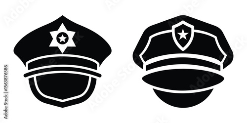Police Hat Icon Set Officer Cap Vector Silhouette with Badge Symbols