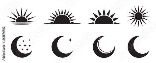 Sun and Moon Icon Set Sunrise, Sunset, Night, Star, Crescent Vector Symbols