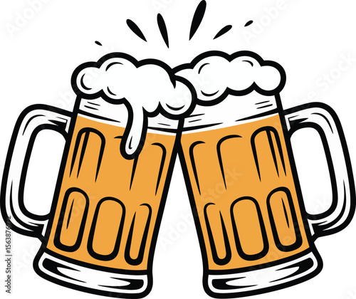 Two beer mugs clinking together with frothy foam and splash