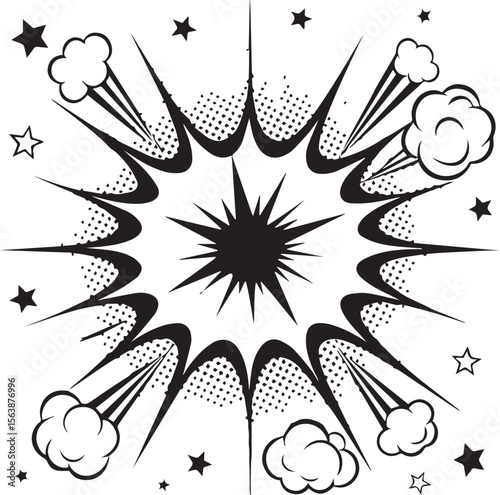 Black and White Comic Book Explosion – Pop Art Style with Radial Rays, Halftone Dots & Bold Graphic Design