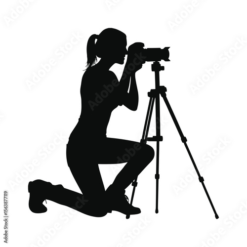Professional photographers with cameras on tripods capture digital photos and video, often as a silhouette cameraman camerawoman silhouette icon vector illustration on white background