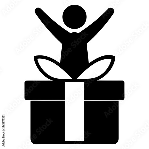 Person sitting on gift box with arms raised silhouette vector illustration