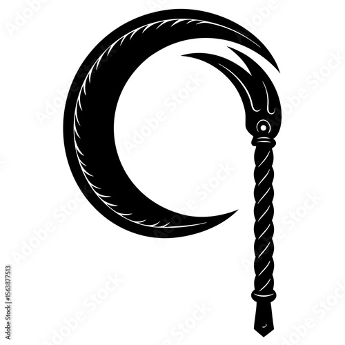 Crescent Moon Scythe:  Dark, Ornate, Mystical, Vector Illustration, Black and White, Graphic Design Element
