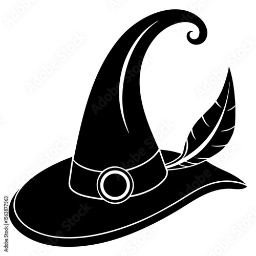 Silhouette of a whimsical witch's hat with a feather, Halloween, mystical, gothic style.
