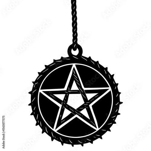 Black Pentagram Amulet: Gothic, Mystical, Hanging Charm,  Intricate Design,  Occult Symbol,  Rope Detail.