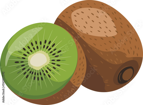 A whole kiwi fruit and a sliced kiwi fruit showing its green flesh and black seeds