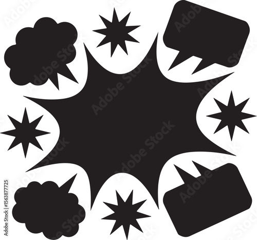 Black and White Vector Illustration of a Large Exploding Star Shape Surrounded by Smaller Stars Speech Bubbles and Puffs of Smoke