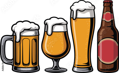 Collection of refreshing beer glasses and bottle with frothy heads