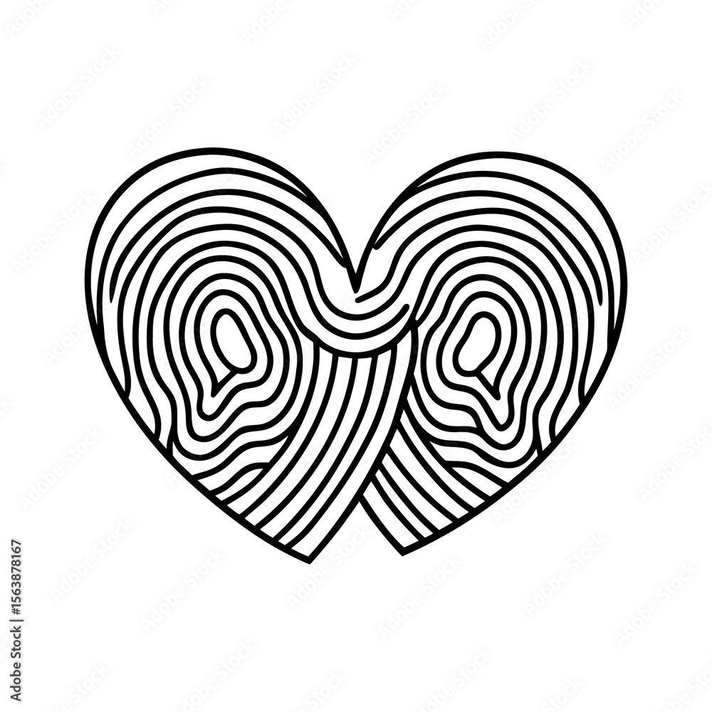 Obraz premium Abstract black and white heart shape formed by swirling lines resembling fingerprint patterns isolated on white background isolated on transparent background