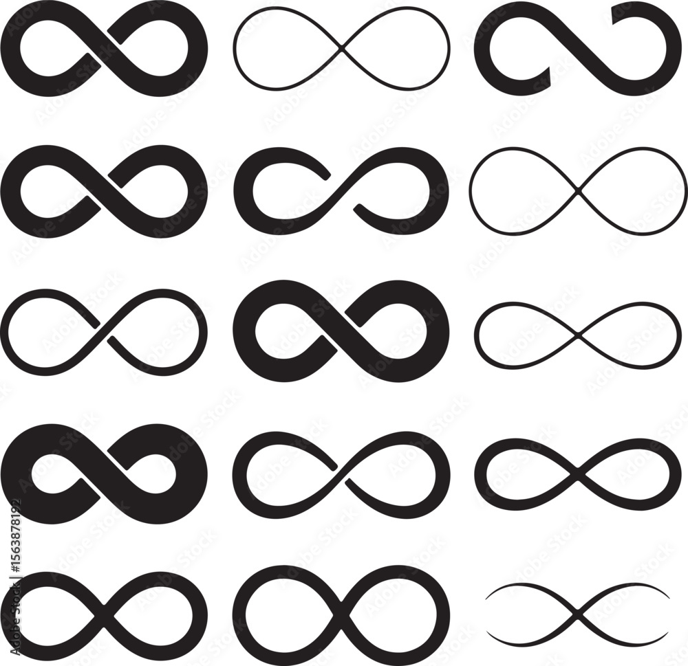 Fifteen Variations of Black Infinity Symbols Vector Graphic Illustration Set Different Line Weights and Styles Bold and Thin Lines Simple and Elegant Fifteen Variations of Black Infinity Symbols Vector Graphic Illustration Set Different Line Weights and Styles Bold and Thin Lines Simple and Elegant